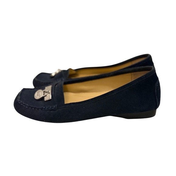 Michael Kors Shoes - Michael Kors Navy Blue Suede Loafers Silver MK Padlock Hardware Flats Womens Sz6